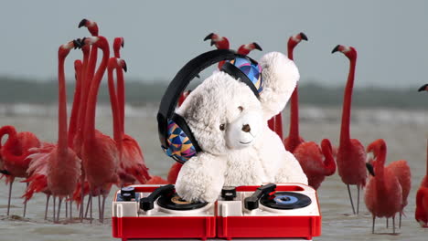 dj de oso de peluche con flamencos