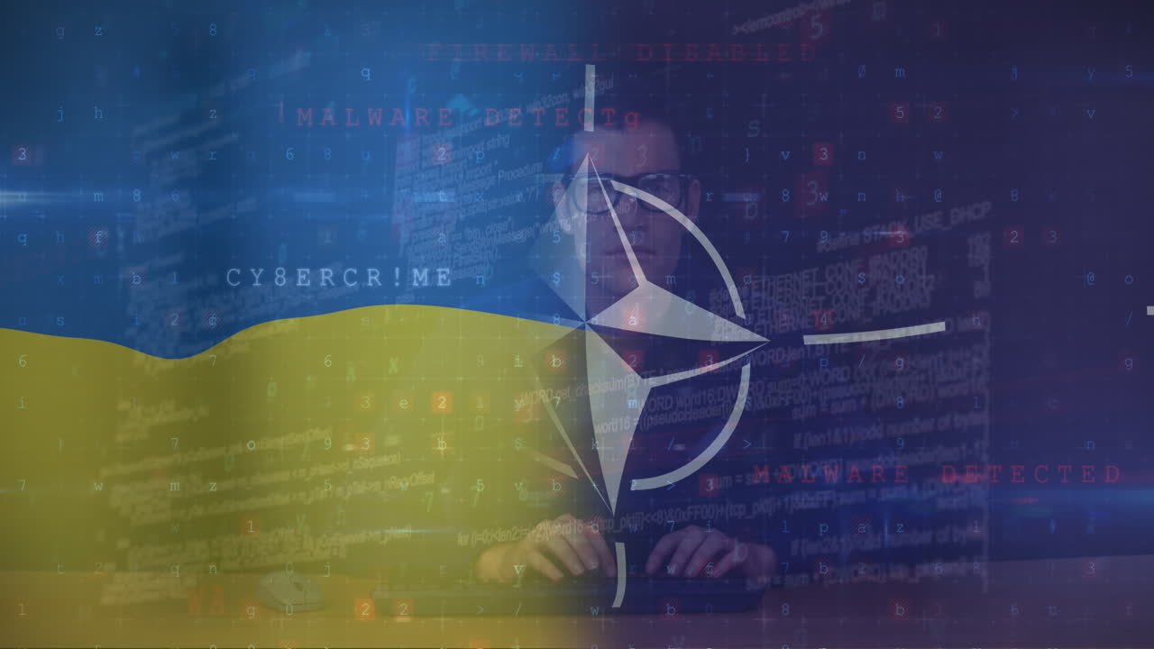 나토와 우크라이나의  ⁇ 발 위에 코카시안 남성 해커의 애니메이션