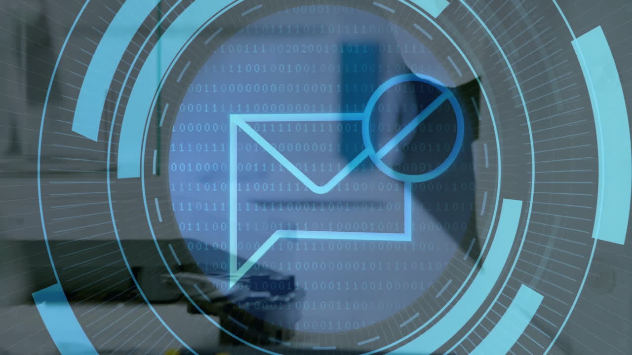 Digital envelope and binary code animation on office desk background