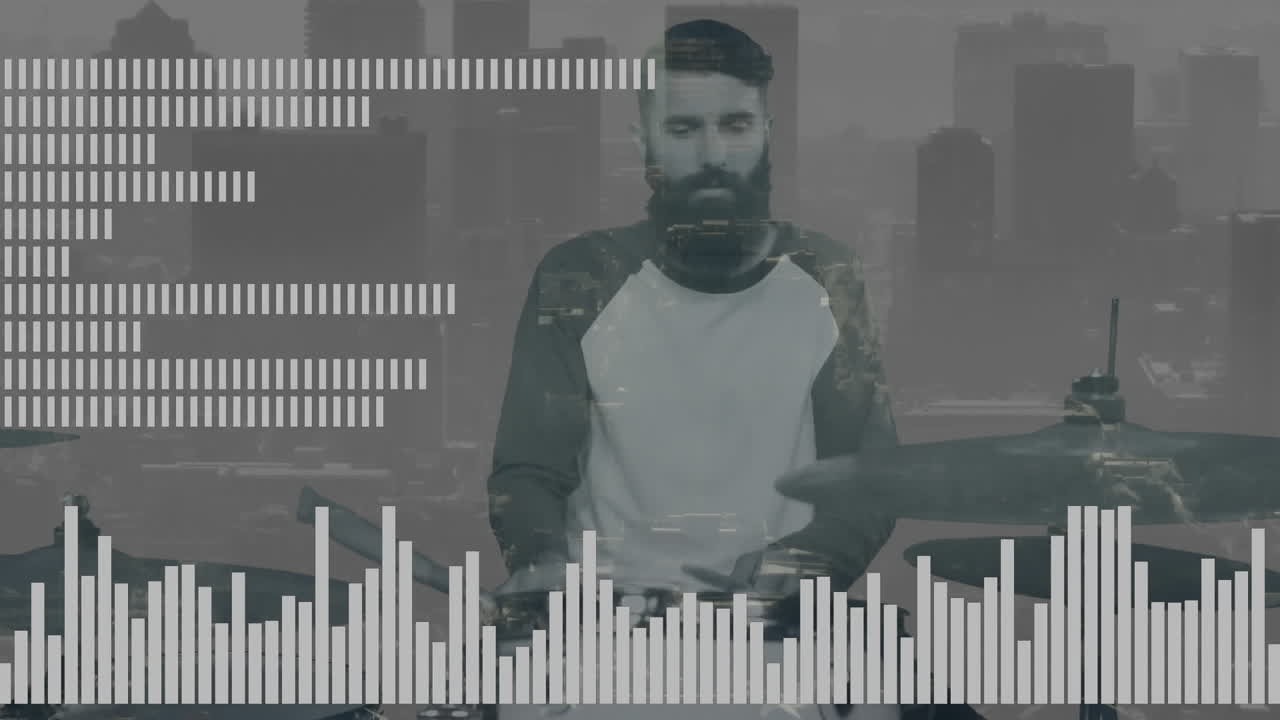 animación de líneas blancas y paisaje urbano sobre la silueta de un baterista caucásico