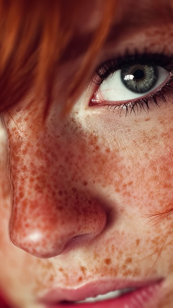 Close-Up Portrait Capturing the Intricacies of Freckled Skin and Engaging Eye Expressions, Highlighting Natural Beauty and Unique Features