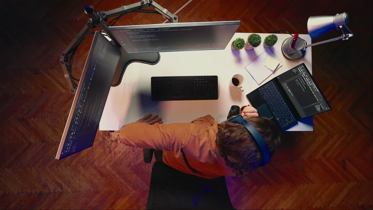 enfatizó que es experto en hacer multitarea en la oficina, vista de arriba hacia abajo