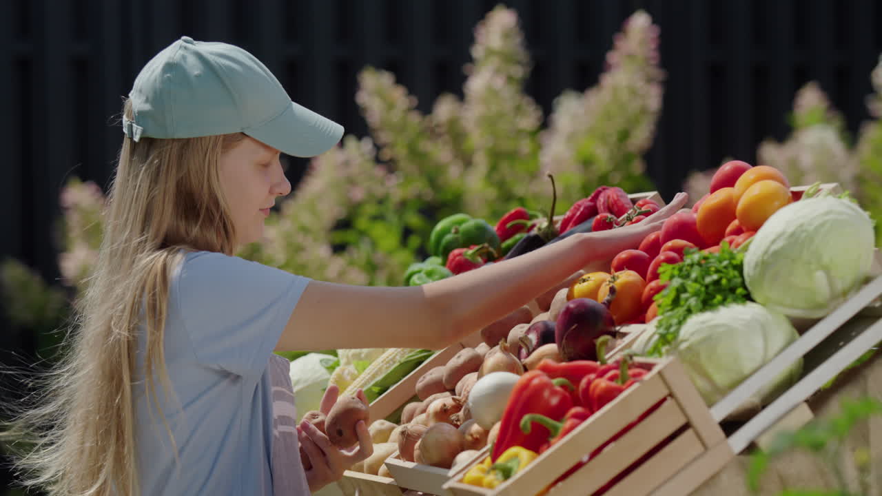 십대 소녀는 지역 채소가 판매되는 농부 시장의 카운터에 채소를 놓고 있습니다.