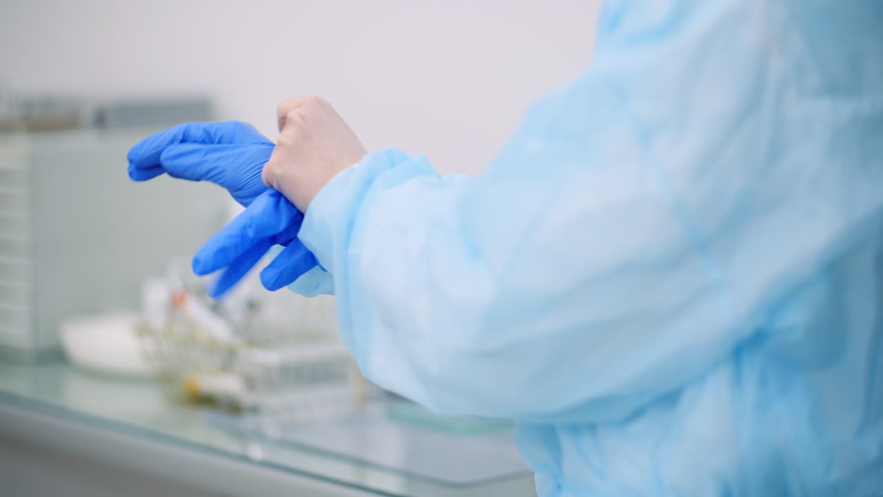 el médico pone guantes protectores azules en las manos en la clínica de atención médica 2