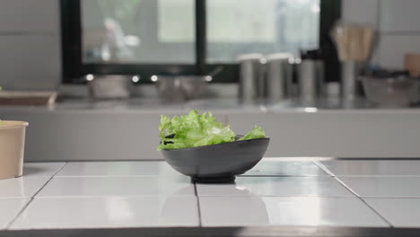 mano colocando hojas de lechuga verde fresca en un tazón de cerámica con pinzas