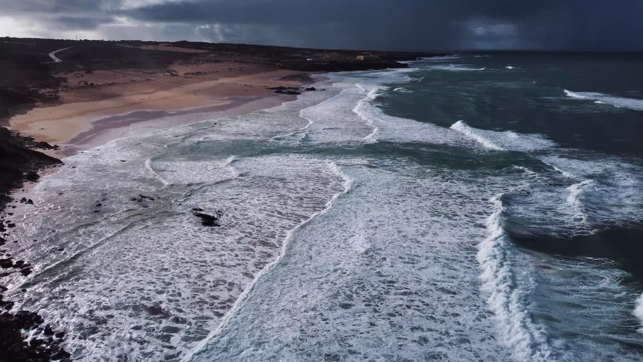 Dramatic Aerial View of Stormy Beach