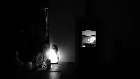 monochrome fireplace and salt lamp casting soft light in a dimly lit cozy space