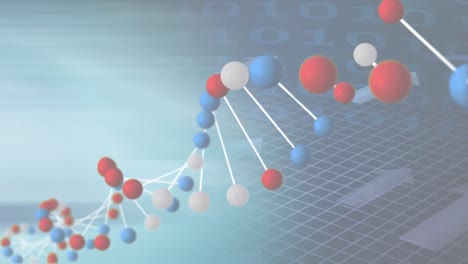 animation of rotating dna helix over arrows and grid pattern on blue background