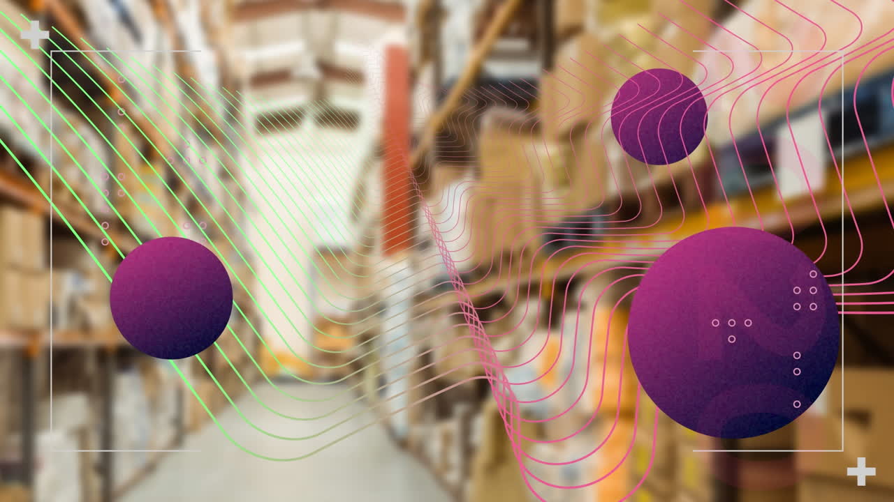 빈 창고에 대해 떠다니는 다채로운 추상적인 모양의 애니메이션