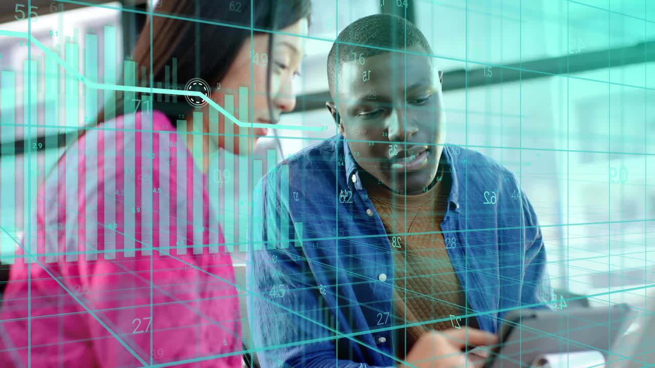 Animation of financial data processing over diverse businesspeople working in office