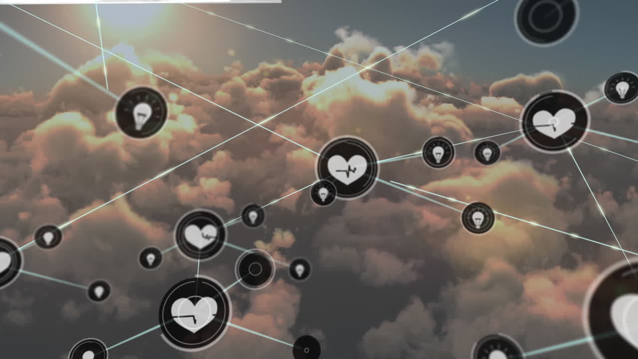 animación de una red de iconos digitales contra nubes y sol en el cielo