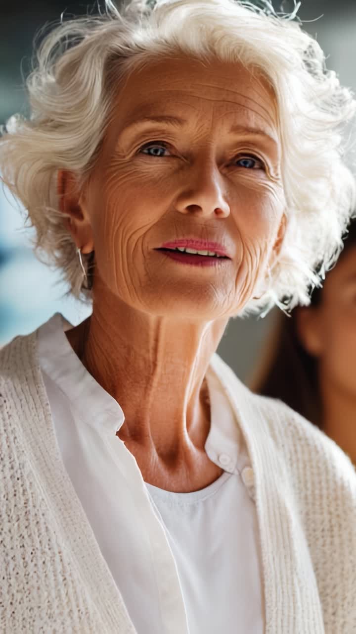Aging Gracefully: An Elegant Senior Woman with Beautiful Curly Hair and a Warm Smile Captured in Two Frames, Exuding Confidence and Life Experience