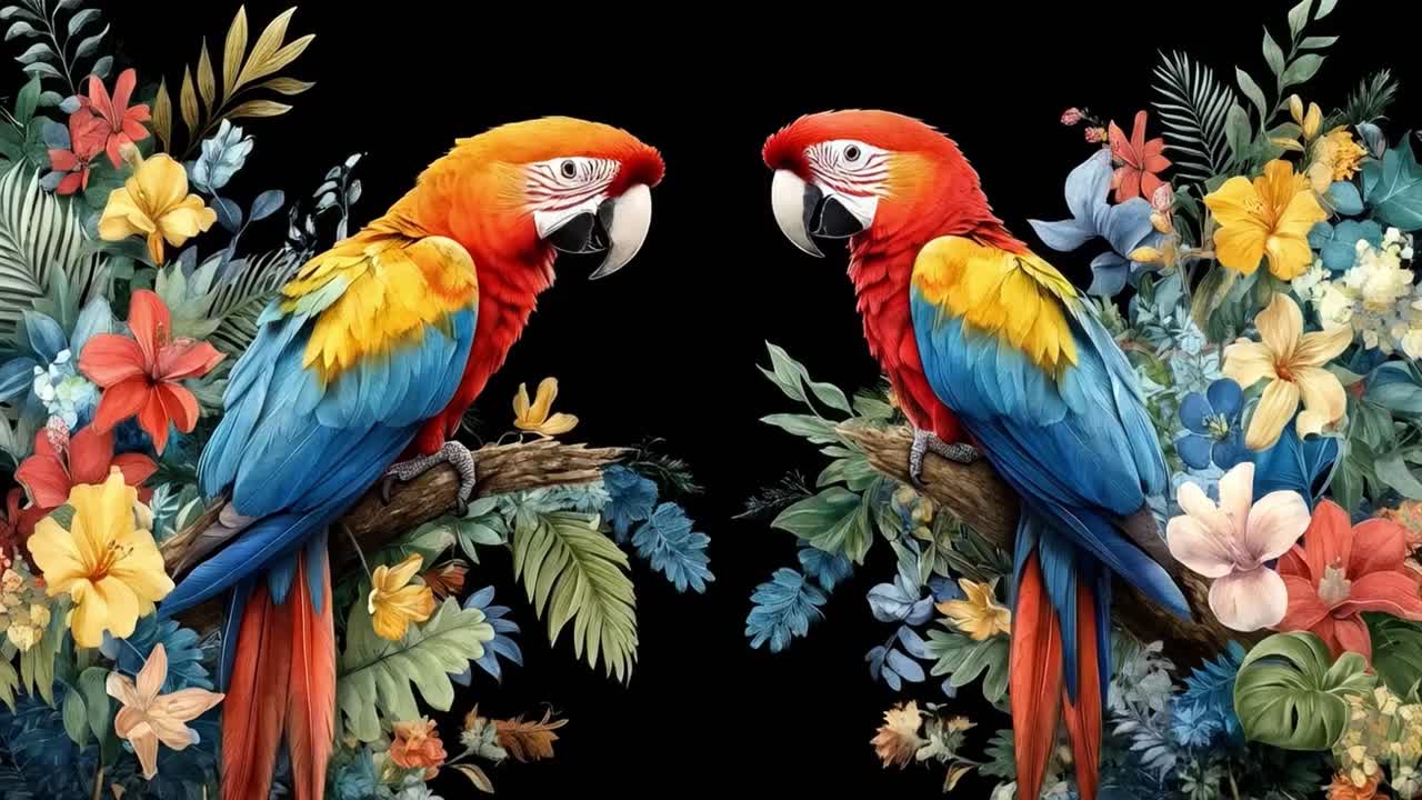 Two Colorful Macaws Among Tropical Flowers on a Black Background