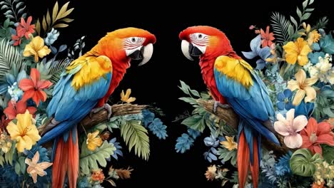 two colorful macaws among tropical flowers on a black background