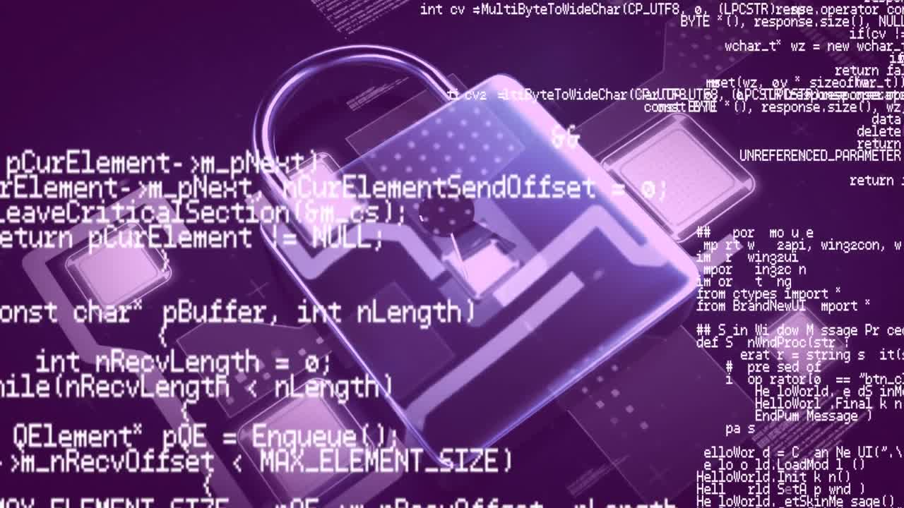 Animation of a padlock with data processing on purple background