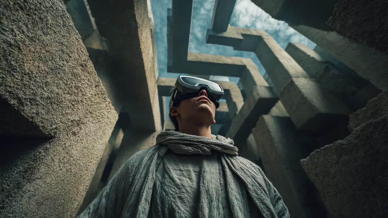 Exploring Virtual Realities: A Figure in a Dynamic Maze of Concrete Structures While Wearing VR Goggles, Capturing the Essence of Imagination and Innovation in a Surreal Environment