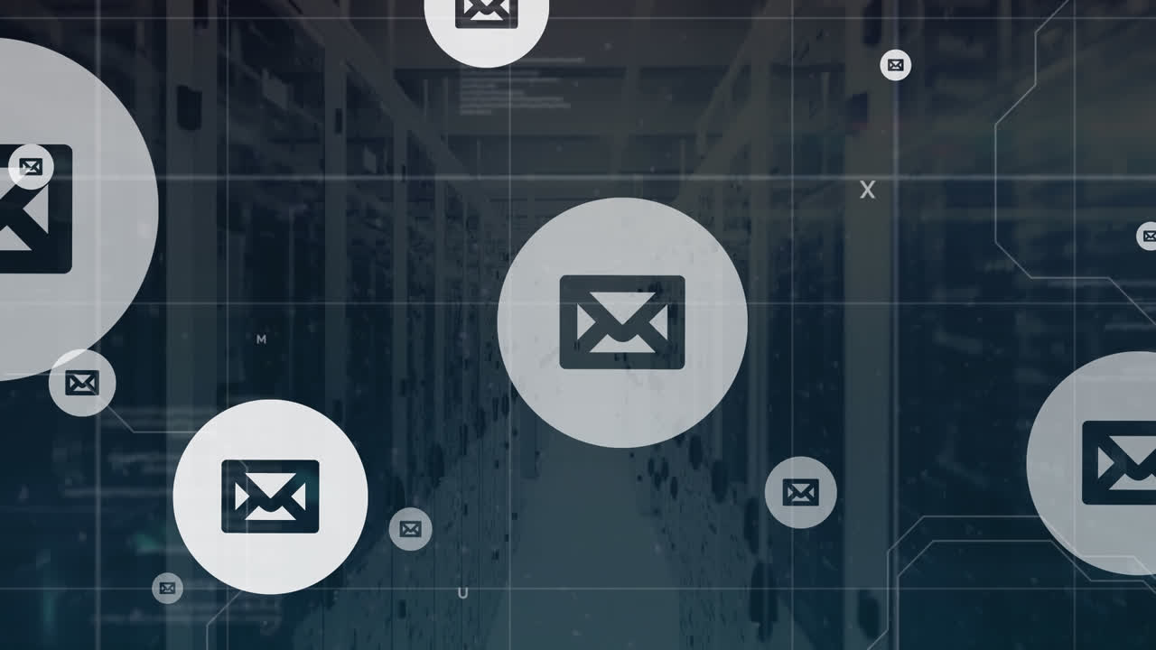 animación de múltiples iconos de mensajes flotantes y procesamiento de datos contra la sala de servidores de computadoras
