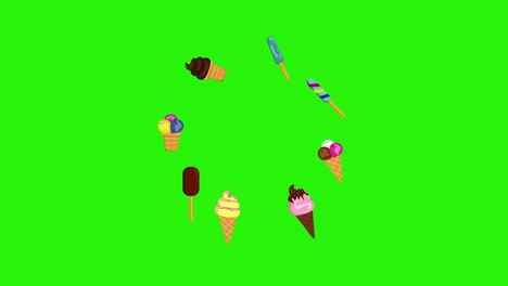 group of ice cream animation on green screen chroma key, decorative flat design