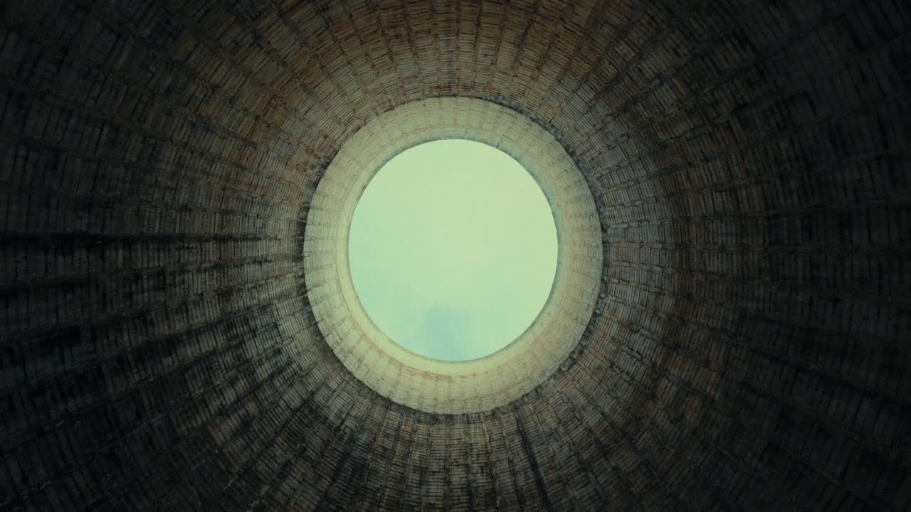 Vista verso l'alto all'interno di una torre di raffreddamento industriale circolare