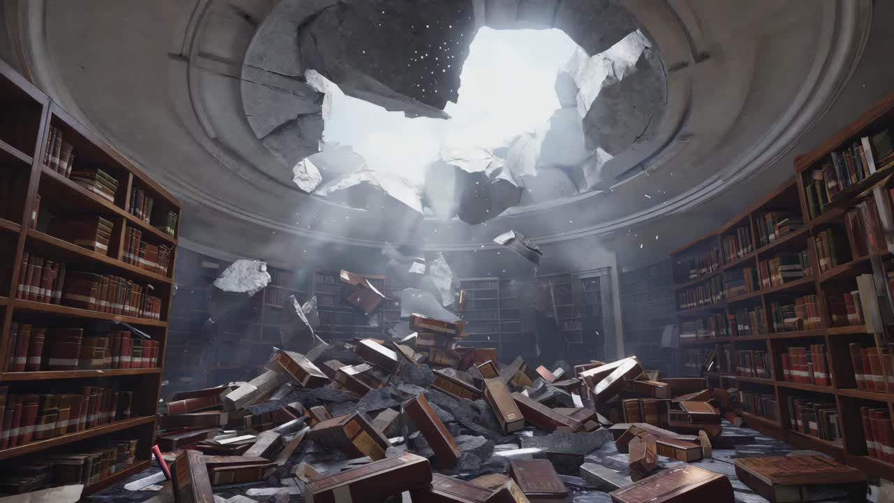 Destroyed Library with Hole in Ceiling