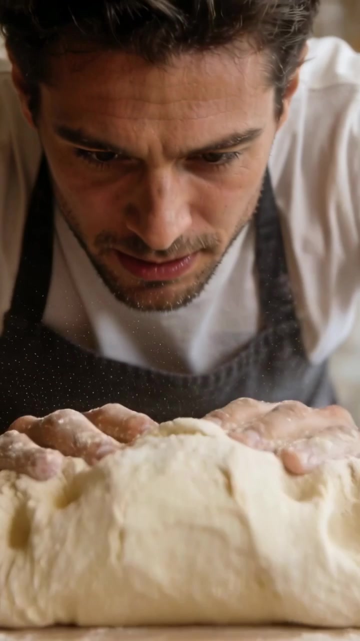Vertical video: Floured hands pressing, baker kneading dough into ball at kitchen worktop in apron