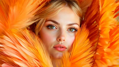 a woman with orange feathers on her head