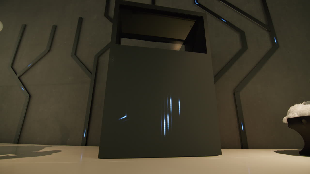 파란색 빛나는 네트워크 체인 표시등이 있는 블랙 큐브 서버 - 정적 샷