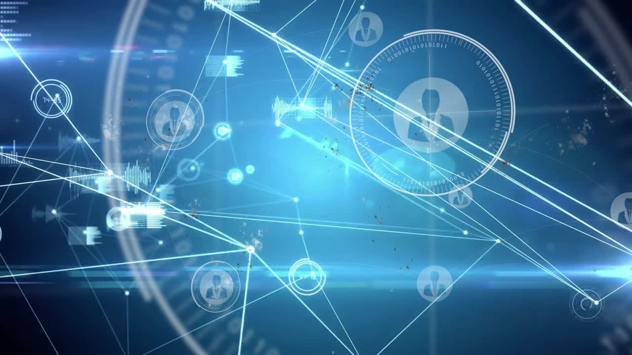 Data processing animation showing network connections on digital interface background