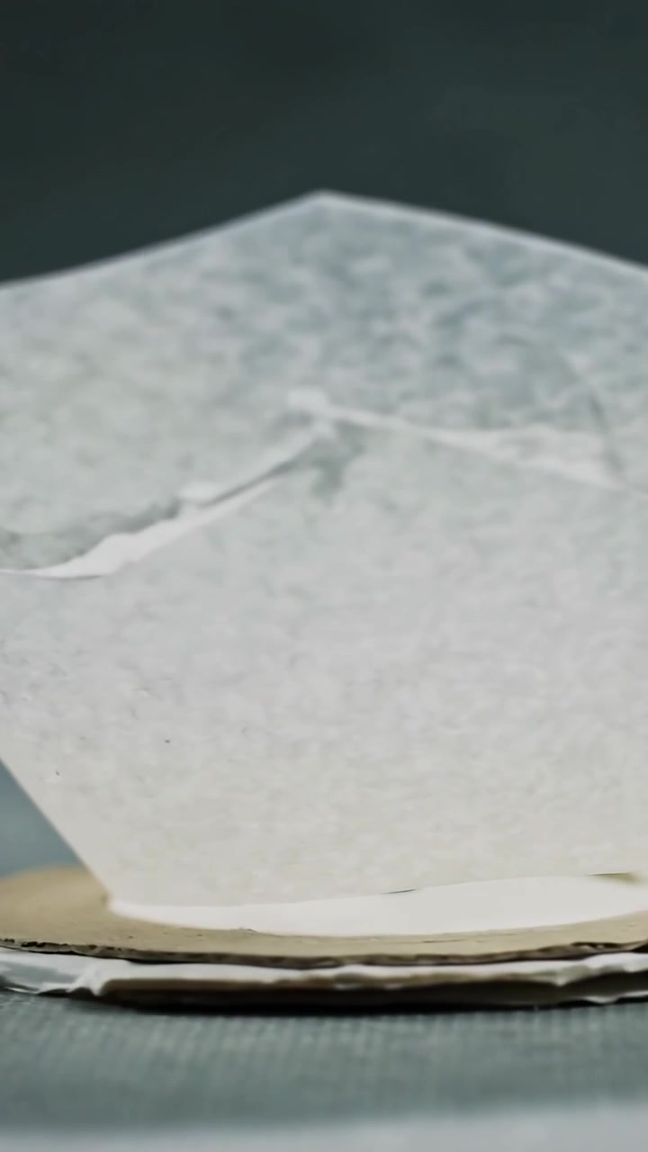 Vertical video: Tilting paper bowl flexing and settling on mat over cardboard base, speck appearing