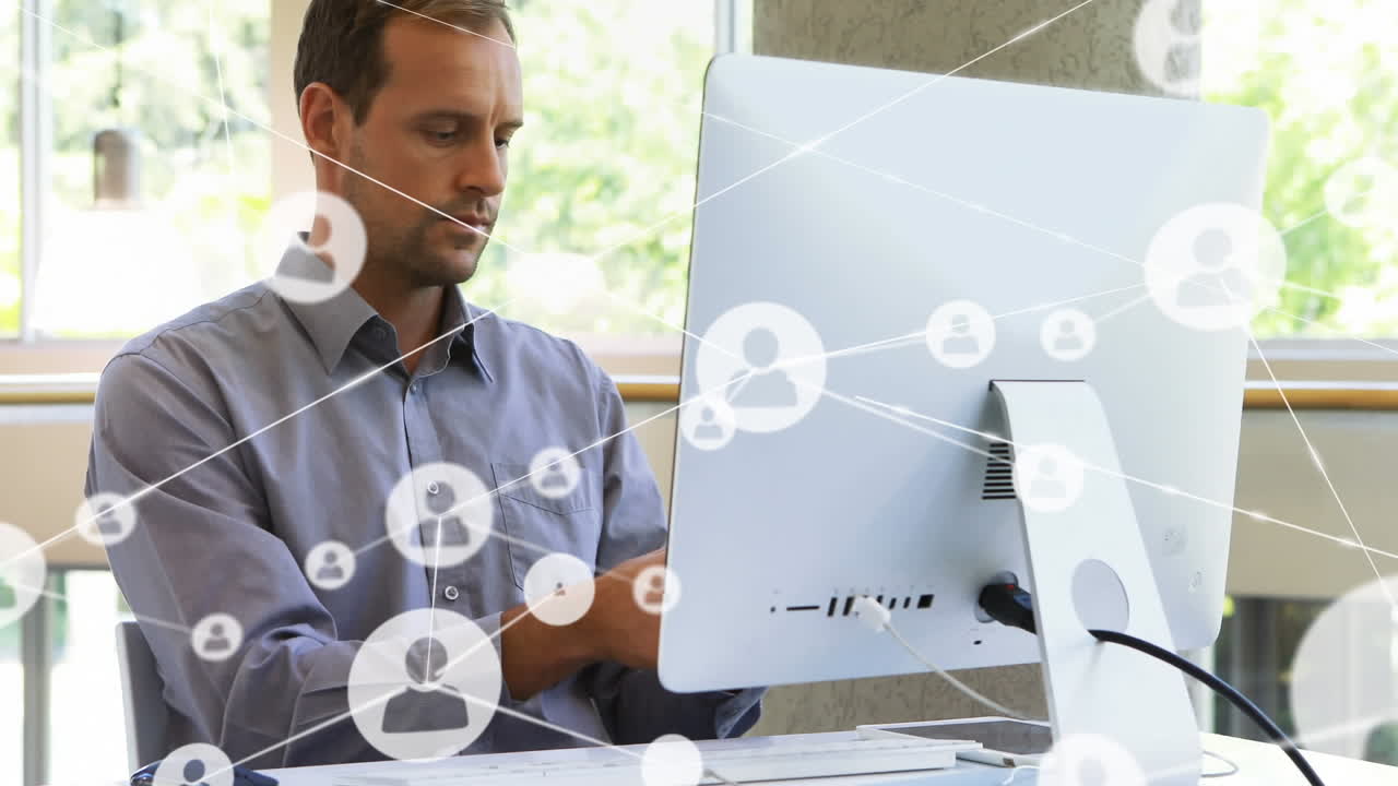 Animation of network of connections with icons over businessman using smartphone