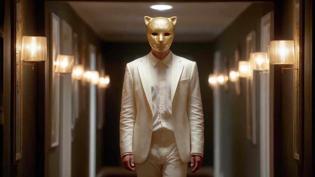 A Mysterious Figure in a Golden Cat Mask and Elegant Suit Stands in a Dimly Lit Hallway, Creating an Intriguing and Eerie Atmosphere