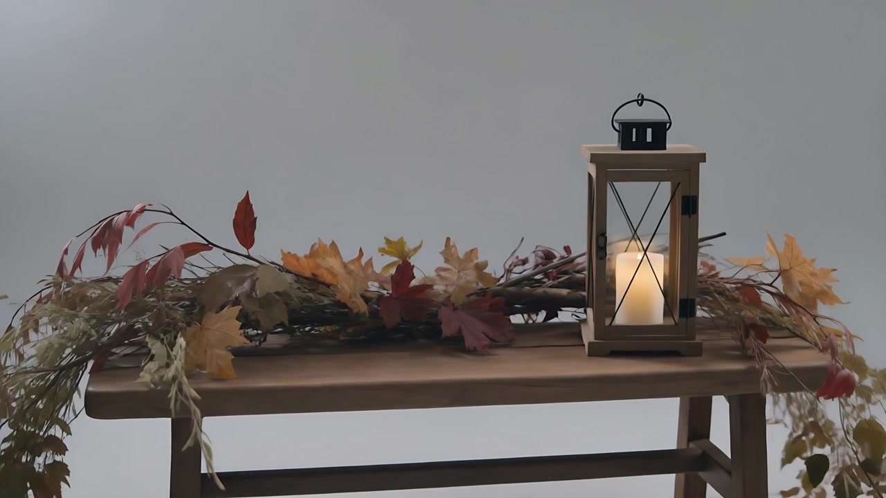 Telecamera che si allontana rivelando una piccola panca di legno in studio, con una lanterna e una ghirlanda autunnale al centro