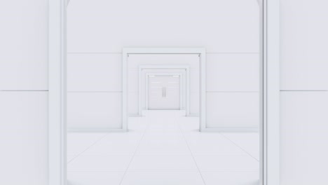 passing through white corridor with opening double doors.