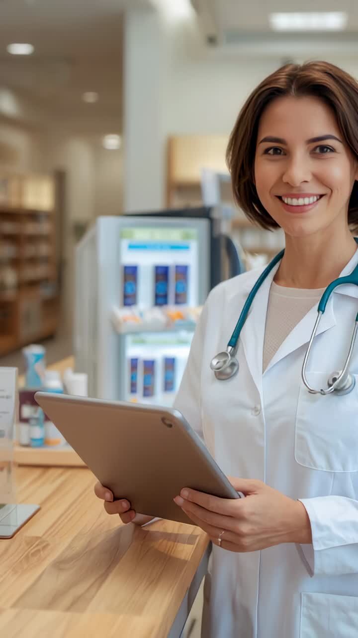 Vertical video: Pharmacist reviewing tablet at pharmacy, wearing stethoscope as customer entering