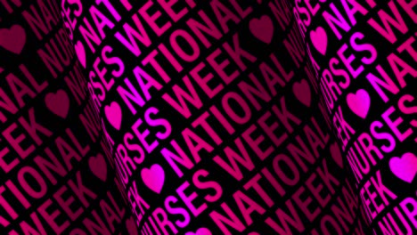 animación de bucle enfermeras nacionales semana 3d púrpura rosa rojo rueda de texto gráficos de movimiento en fondo negro. 4k 3d bucle sin costuras enfermeras nacionales semanas patrón de animación de texto de cilindro cinético tipográfico.