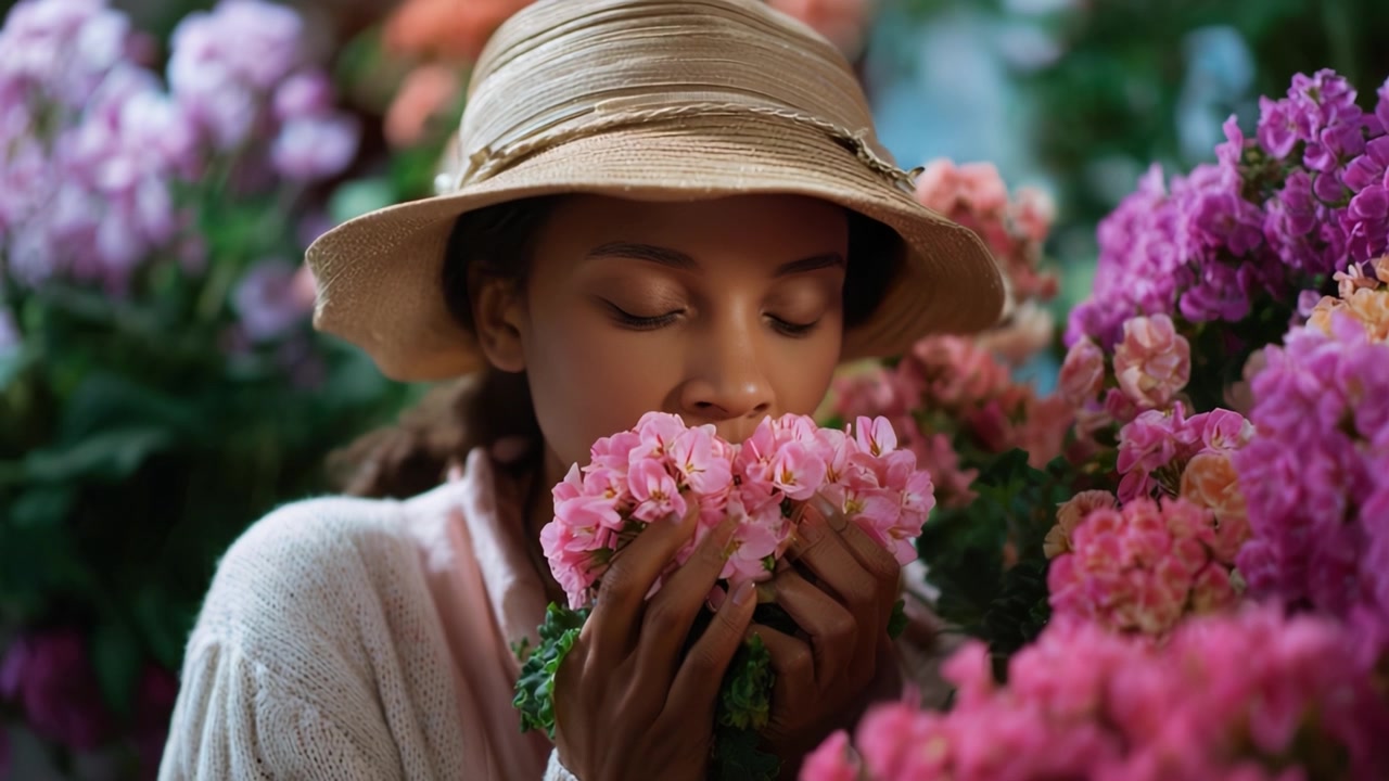 Un momento sereno di beatitudine floreale: una donna che si gode il profumo di bellissimi fiori rosa in un lussureggiante ambiente da giardino, catturando la bellezza e la tranquillità della natura