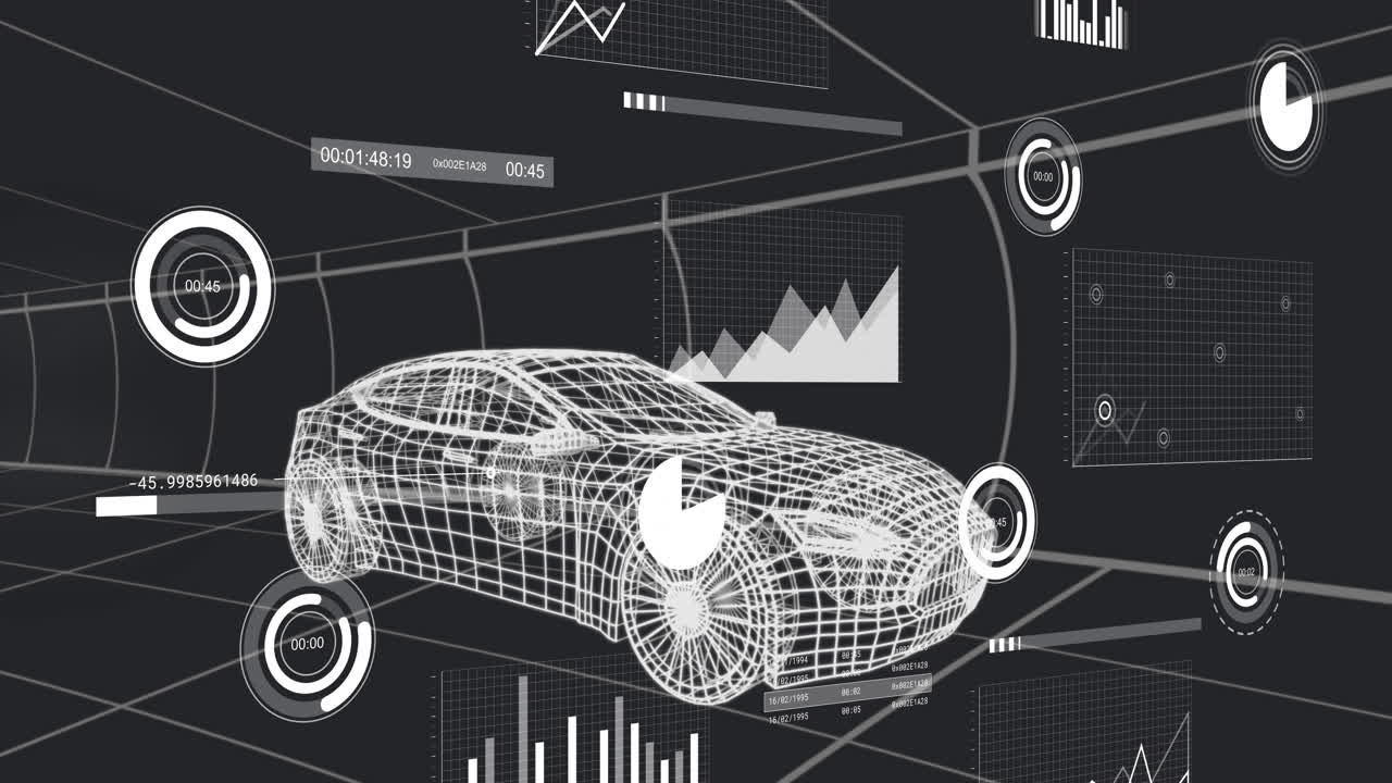 3D wireframe car model moving within grid studio displaying circular timers line graphs bar charts