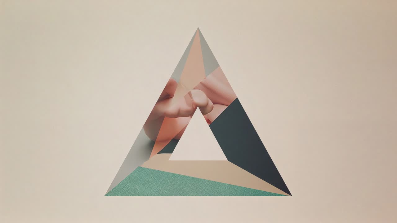 On start rotating triangle panels revealing green cutout on peach background, finger brushing