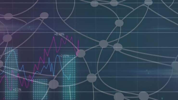 Animation of graphs and network of connections in dark grey space