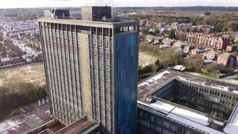 Pilkingtons-glass-HQ-blue-high-rise-business-office-park-aerial-orbiting-view