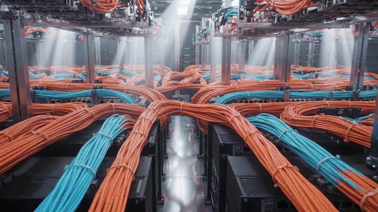Inside a Modern Data Center: Intricate Network of Cables and Connections in an Advanced Server Room with Various Colors and Arrangements of Fiber Optic Cables.