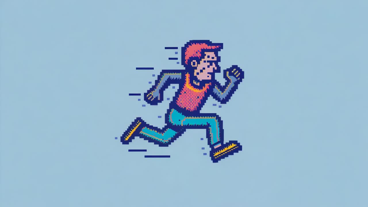 Sequenza di fotogrammi che mostra un pixel runner in bicicletta su sfondo blu, con cappuccio rosso e linee di movimento