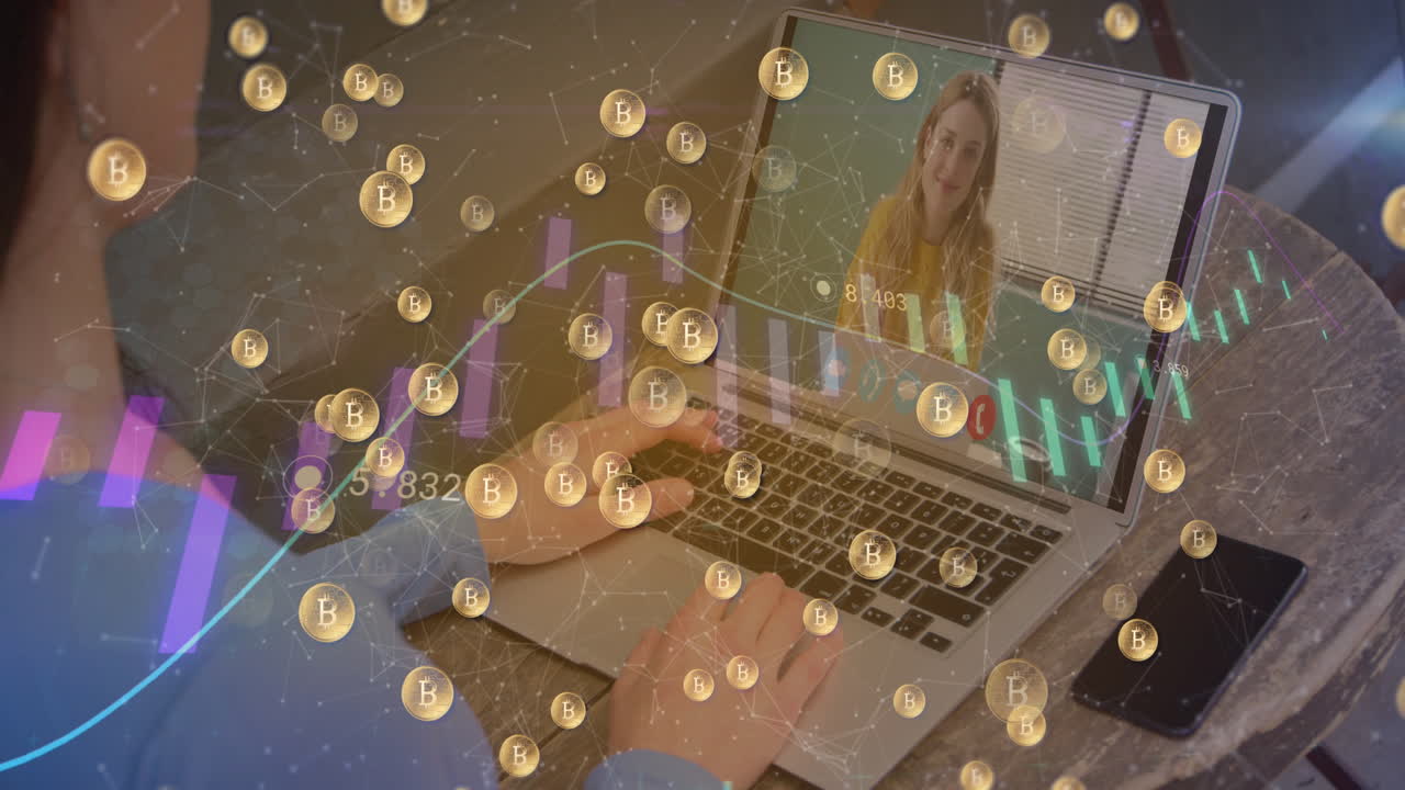 animación de bitcoins y estadísticas sobre mujer usando portátil en videollamada en segundo plano