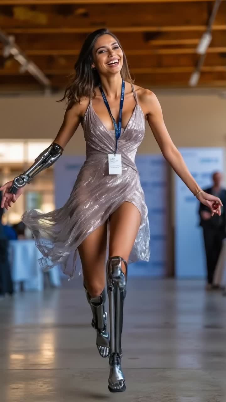 Cyborg sorridente in posa a una mostra di tecnologia moderna