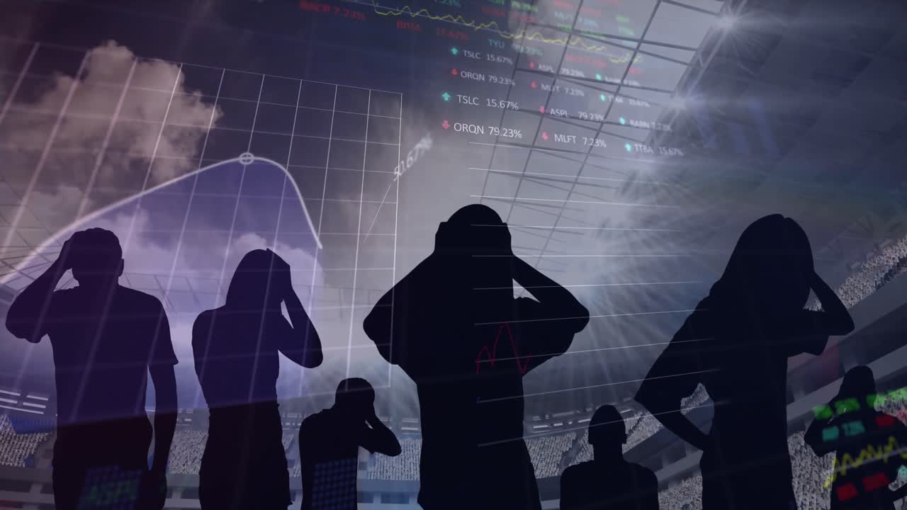 경기장에서 실망한 스포츠 팬들에 대한 그래프와 데이터 처리 애니메이션