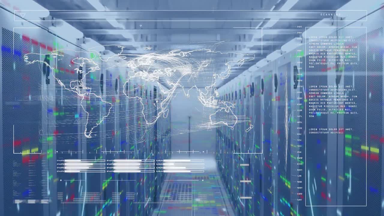 Animation of data processing with world map and moving columns over server room