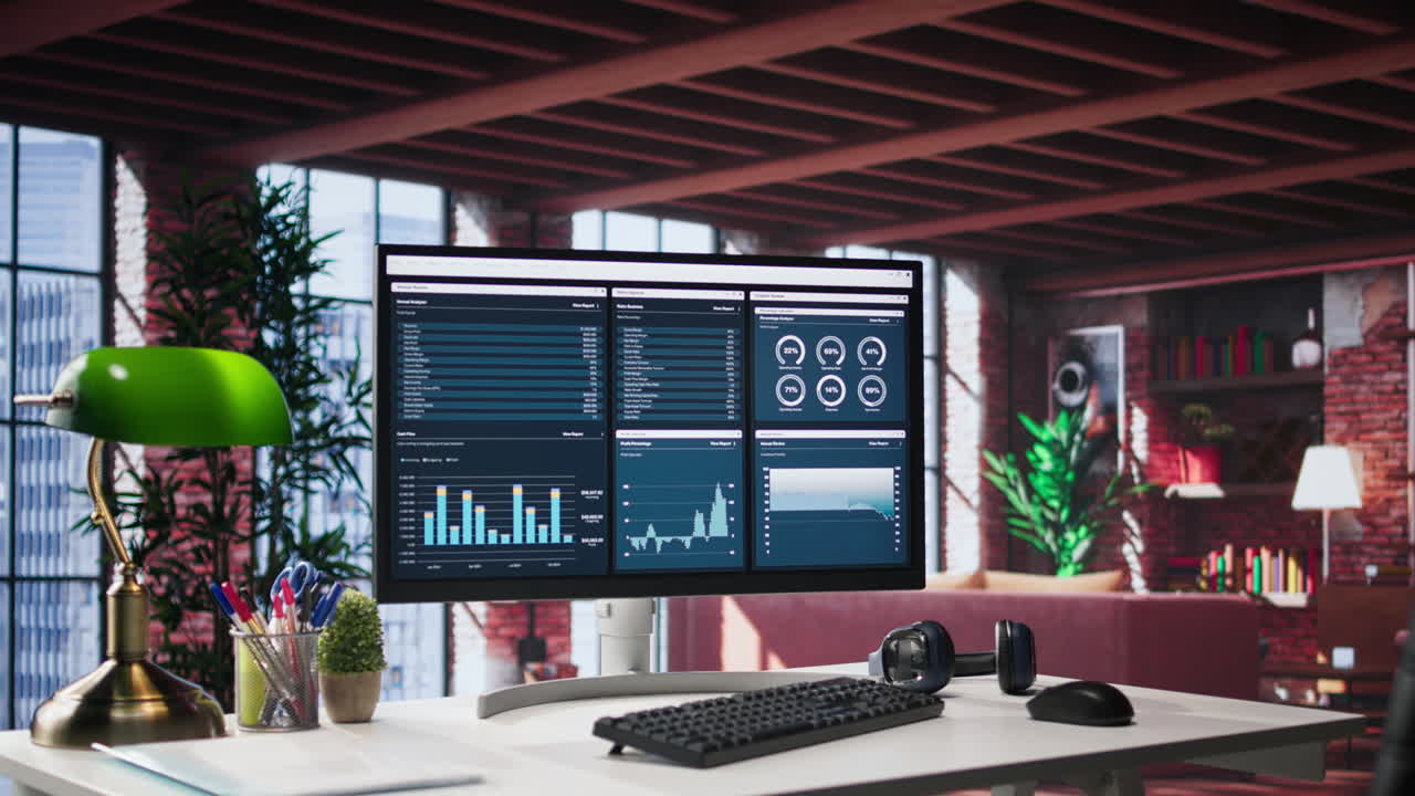 Vertical Video Desktop PC on the wooden desk showcases infographics and client reach data