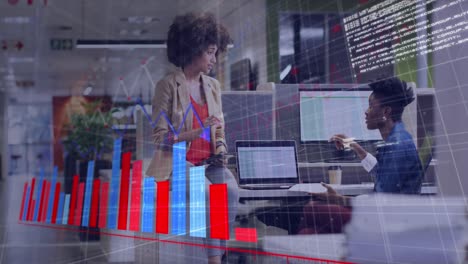 Animation-of-graphs,-computer-language,-diverse-female-coworkers-discussing-reports-in-office