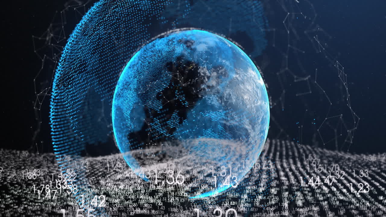 연결된 점과 파동 패턴에 따라 변화하는 숫자를 가진 지구의 애니메이션