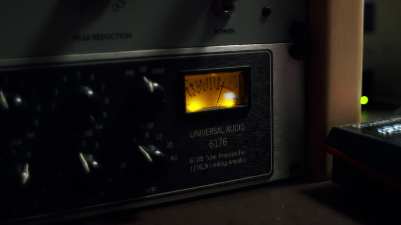 Close-up of a VU meter on audio equipment